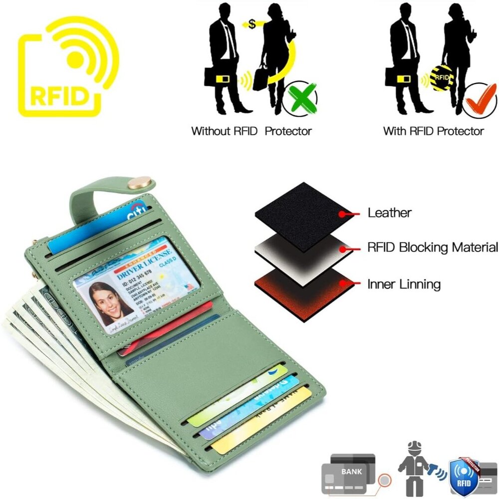 New Women's Green Slim RFID Bifold Wallet Zipper Pocket, ID Window & Keychain - Picture 7 of 8